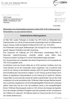 Zusammen mit dem akkreditierten Testlabor HYGCEN Germany wurde die Wirksamkeit des VEIT Luftreinigers AC20 nachgewiesen.