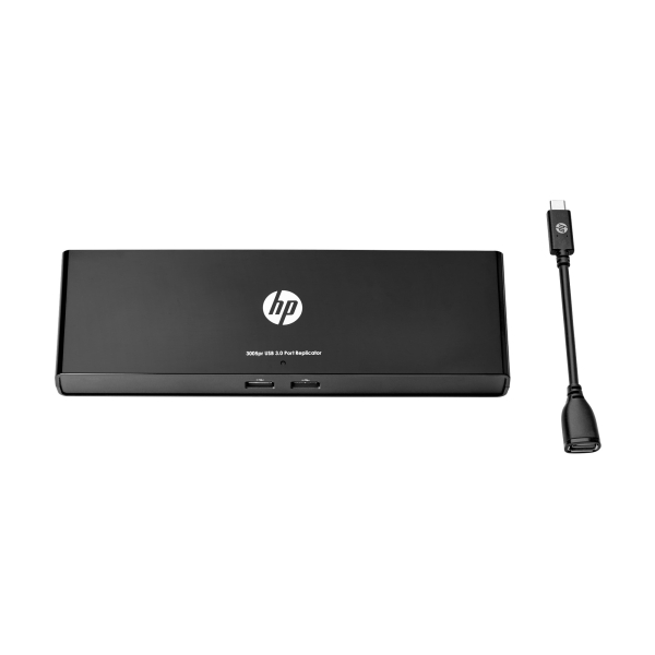 Product image provided by the manufacturer HP of the Port Replicator, viewed from an angled top and front view.