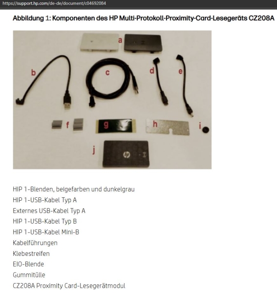 Bildschirmabzug aller im Paket enthaltenen Teile von der HP Supportseite zum Produkt