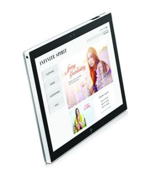 Blick auf den HP Engage Go Tablet mit Beispielinhalten im Display und weißem Gehäuse.